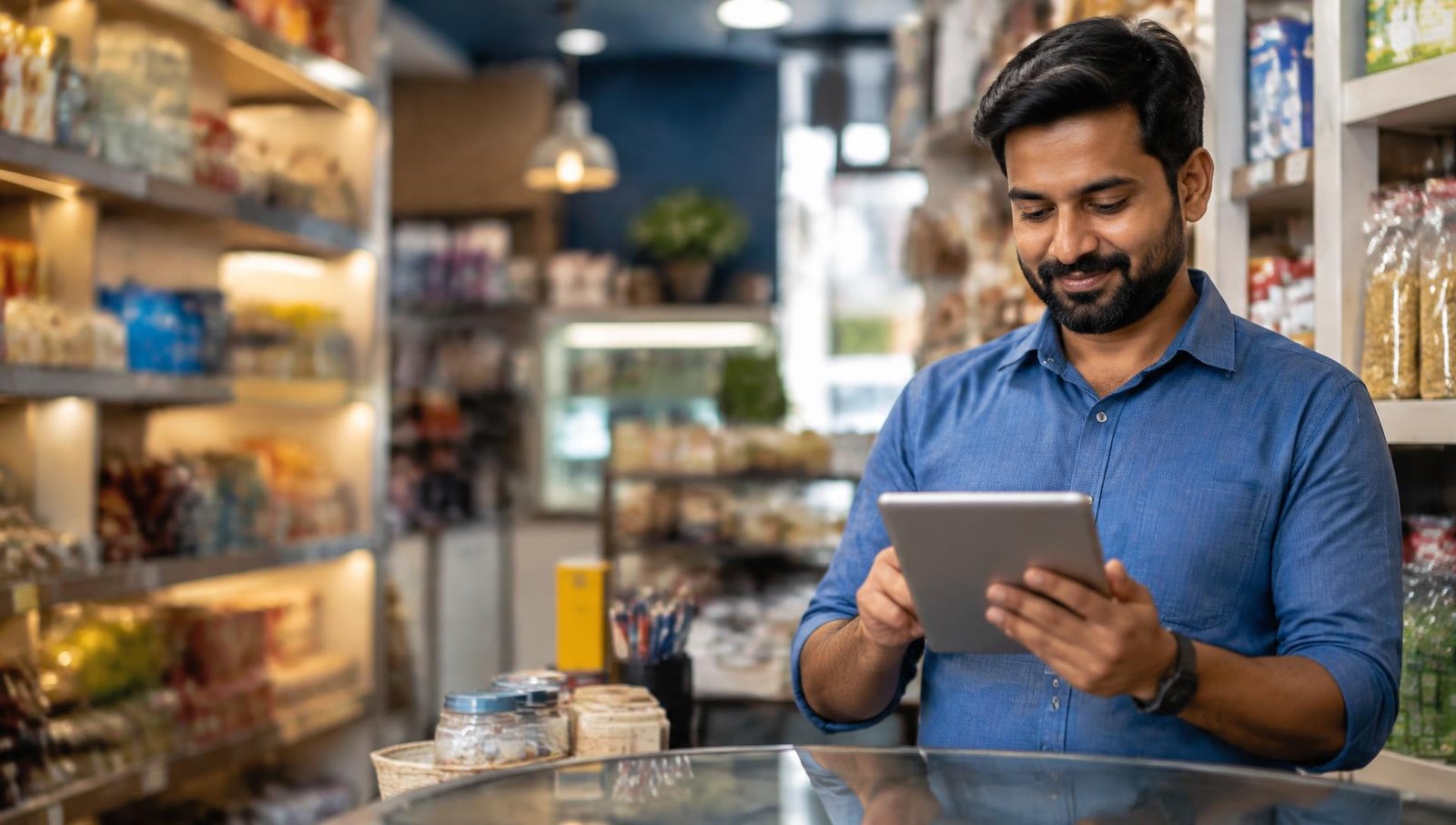 A shop owner reviewing his business on a tablet in his store