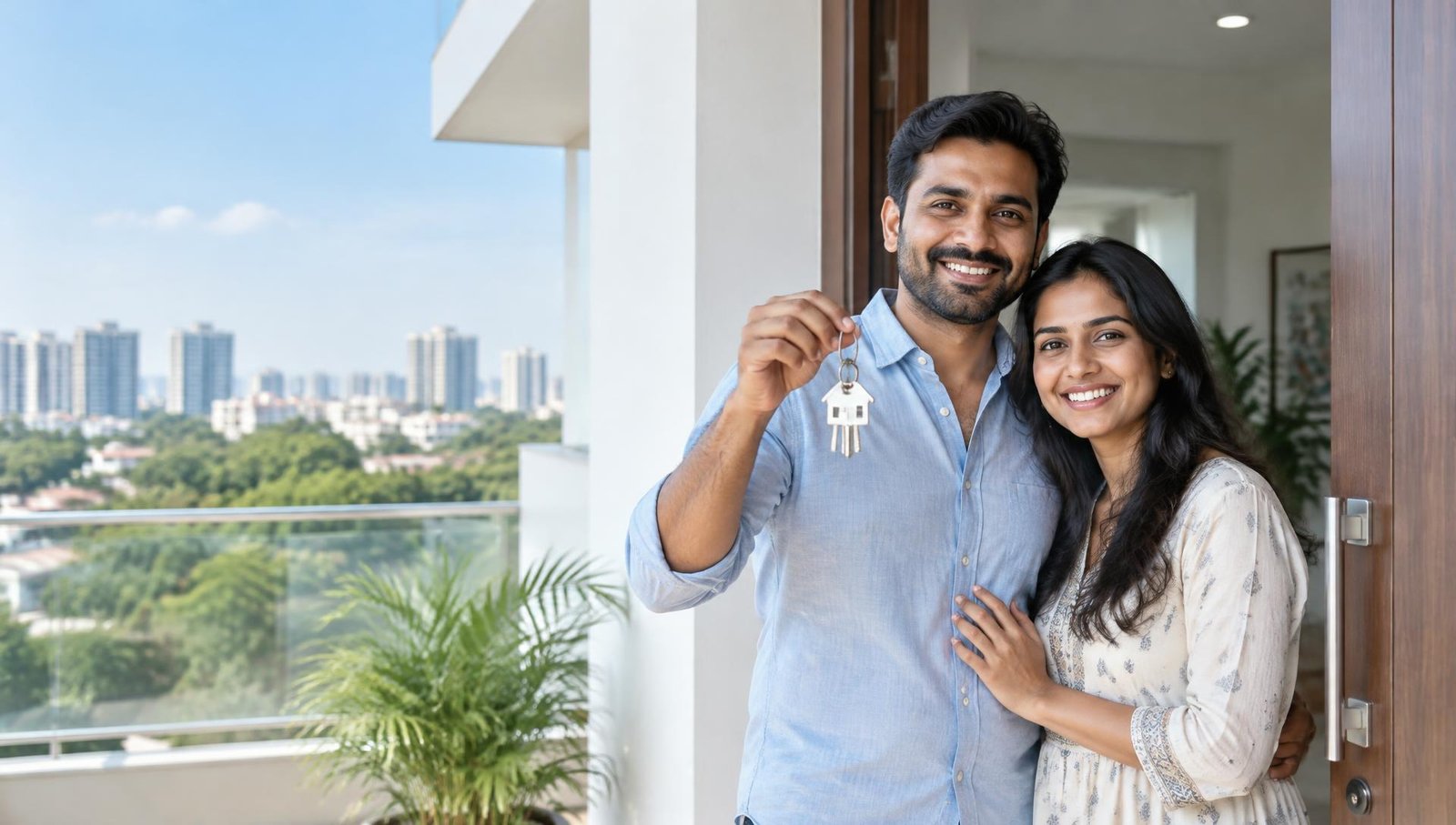 A happy couple holding the keys to their new home